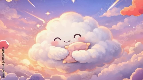 Cute smiling cloud hugging glowing sun in dreamy pastel sky with whimsical fantasy illustration
