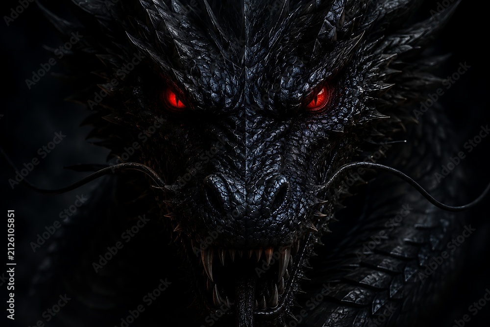 Fototapeta premium Head of black dragon with red eyes