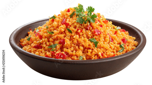 Traditional turkish bulgur salad kisir served in a dark brown ceramic bowl garnished with fresh green parsley on black background