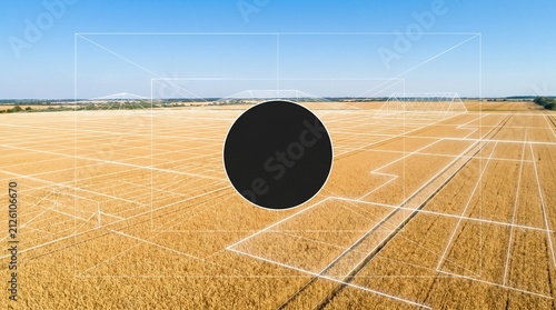 Aerial view of golden wheat field with futuristic white wireframe grid overlay and center.