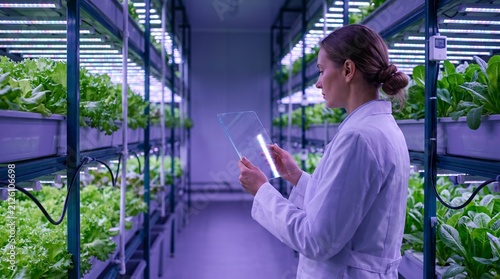 Female scientist using digital glass tablet in modern vertical farm with hydroponic plants.