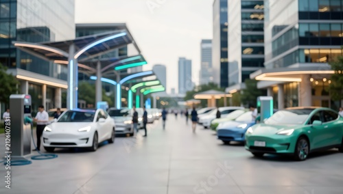 electric vehicle charging station blurred modern city street sustainable transport green energy infrastructure urban future electric car parking lot