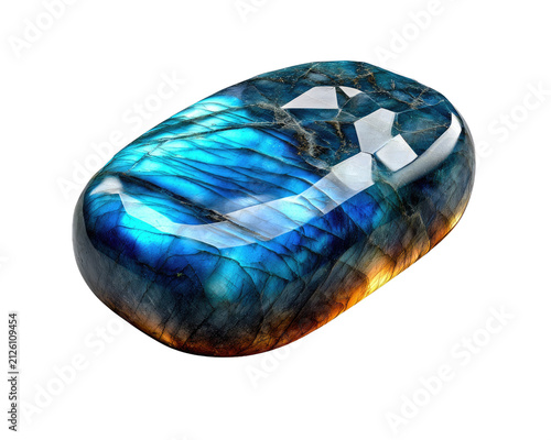 Iridescent Labradorite Gemstone: A polished oval labradorite gemstone displays a captivating iridescence with swirling patterns of blue, green, and yellow.
