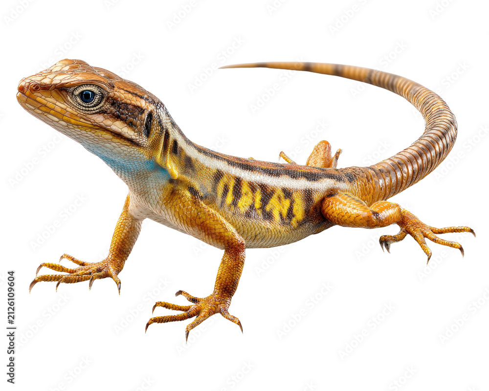 Fototapeta premium Vibrant Lizard on White: A colorful lizard with intricate patterns and sharp features stands alert on a plain white background, showcasing its unique beauty.