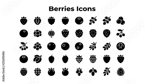 Bild auf Leinwand Fresh Berries Solid Glyph Icons Set—Vector Fruit Symbols for Strawberry, Raspber