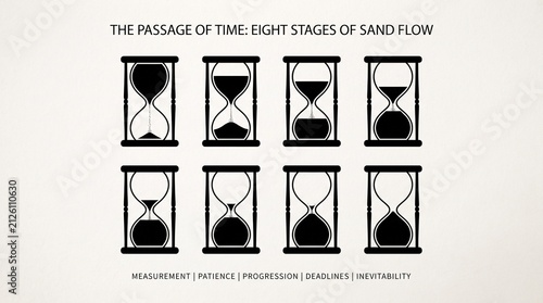 A symbolic grid of hourglass icons, representing beginnings, flow, and endings, celebrating progression, patience, and inevitability as timeless emblems of time and human experience.