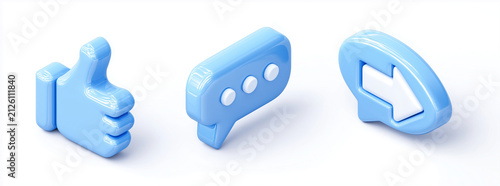 set of icons for social media heart, star, flame, and party popper, thumbs up, speech bubble, and arrow pointing right on a white background, 3d rendering,