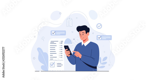 Man Using Smartphone to Check Long List on Paper or Digital Bill, with Checkmarks and Checklist Elements