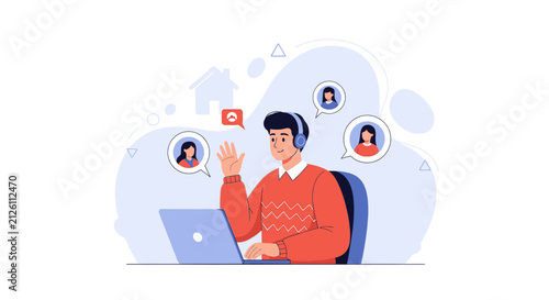 Man with headphones and laptop in video conference call with multiple participants, remote communication concept