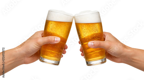 Two hand hold a large glasses of beer toasting isolated on transparent background