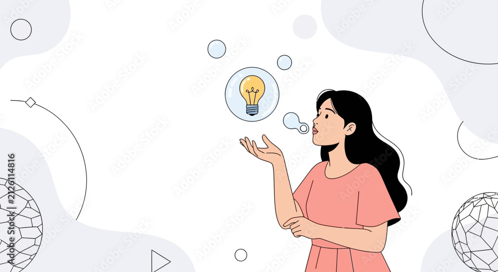 Fototapeta premium Woman Blows Bubble With Lightbulb Idea, Symbolizing Creativity, Innovation, and Eureka Moment