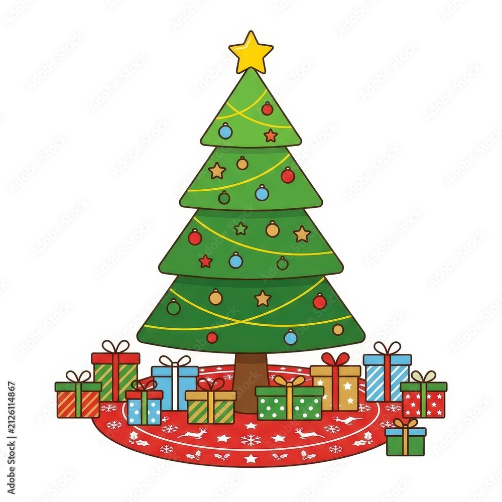Naklejka premium Christmas tree with presents and decorations