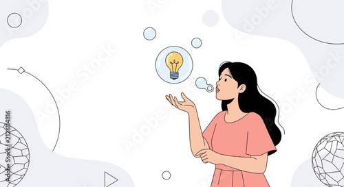 Woman Blows Bubble With Lightbulb Idea, Symbolizing Creativity, Innovation, and Eureka Moment