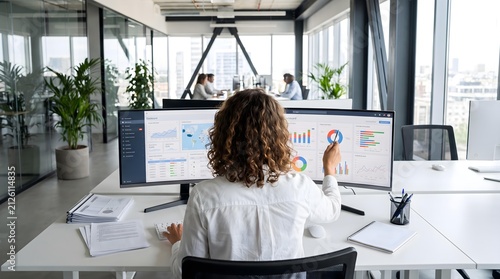 Professional office workspace with a person at a desk using multiple monitors, overlooking a city skyline with plants and notebooks.