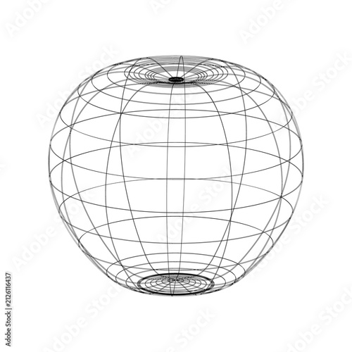 3D wireframe oblate spheroid model with intersecting grid lines, abstract geometric illustration for mathematics, physics,