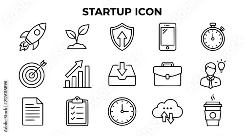 Minimalist black outline vector startup icons for modern business branding projects