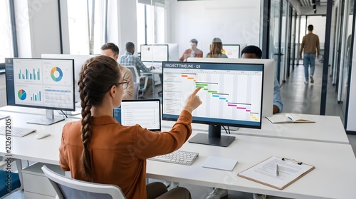 Business analyst woman reviews data dashboards on multiple monitors in a modern open-plan office for analytics insights