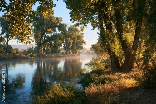 Calm riverbank scene along the Tuolumne River near Modesto, California