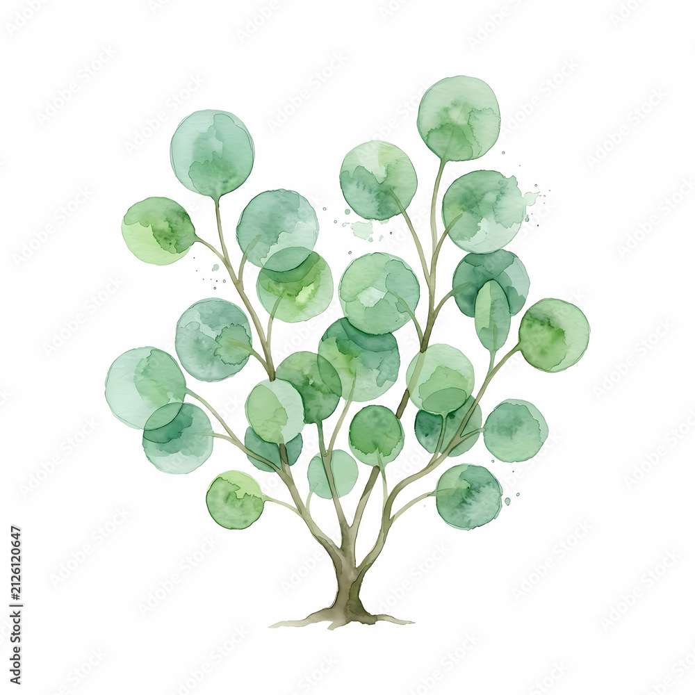 Obraz premium A flourishing green botanical plant with round leaves painted in soft pigment styles represents natural growth and garden vitality suitable for creative projects needing refreshing organic