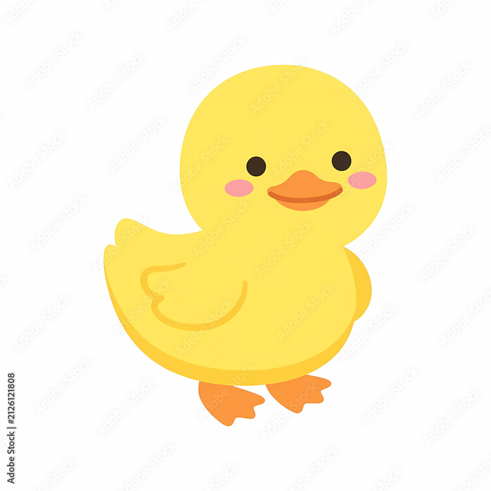 Fototapeta premium A cute small yellow duckling character featuring a cheerful face and bright orange feet represents the joy of springtime nature discovery in a playful manner for children educational activity