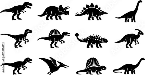 Foto Set of Various Dinosaur Silhouettes and Prehistoric Reptile Icons