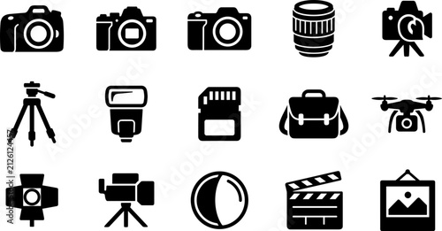 Bild auf Leinwand Set of black photography and videography equipment icons.