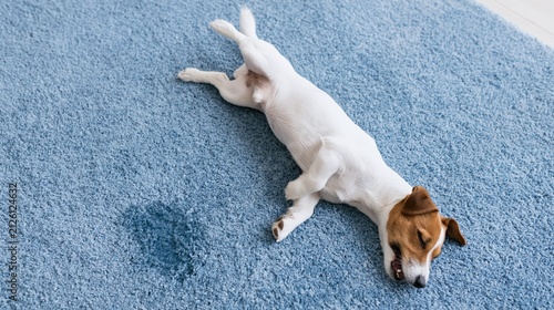 Jack Russell terrier puppy rolling on blue carpet with wet spot, pet accident on rug, dog training challenge