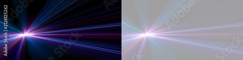 Panoramic linear light rays streaming from bright burst flare. Abstract cyan and purple futuristic speed background