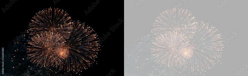 Obraz premium Cluster of golden fireworks explosions with falling sparks overlay on transparent background. Bright pyrotechnic display element for event poster