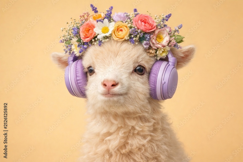 Fototapeta premium Adorable alpaca wearing floral headphones.