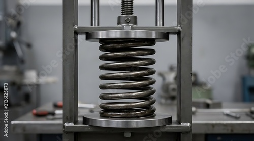 Large metal coil spring in industrial testing machine