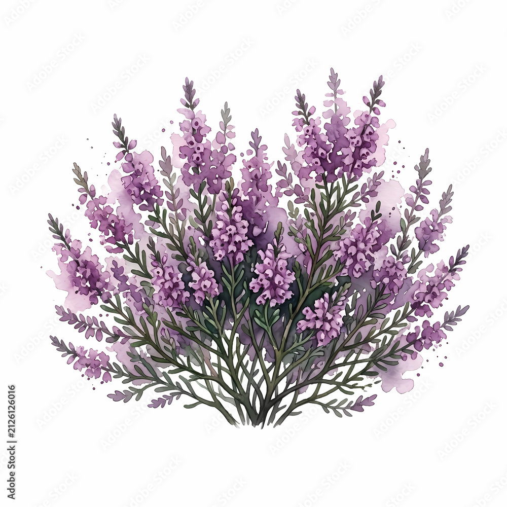 Obraz premium Purple heather shrub featuring delicate blossoms creates an artistic display representing northern landscapes with natural charm while evoking peaceful meadow sentiments through artistic floral