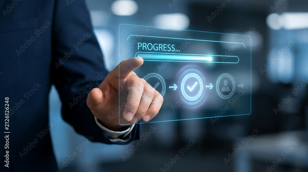 Obraz premium Businessman touching digital interface with progress bar and checklist icons, representing task completion, workflow management and project success.