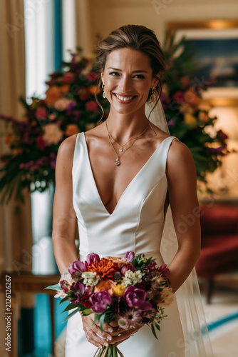 Sophisticated bride portrait at an upscale nuptials venue, elegant satin gown, lush floral decor, realistic textures and colors,, with crystal clear water
