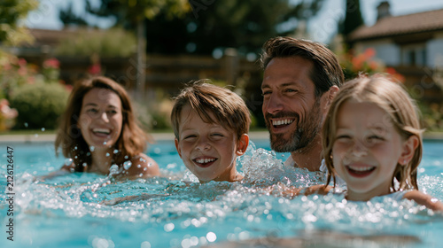 Dramatic family celebrating warm season together in a private pool, playful splashes and laughter, beautiful landscaped backyard, sunny weather,