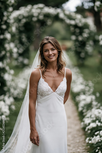 Beautiful bride standing on a flower-lined wedding pathway, flowing veil, natural outdoor lighting, graceful wedding portrait,