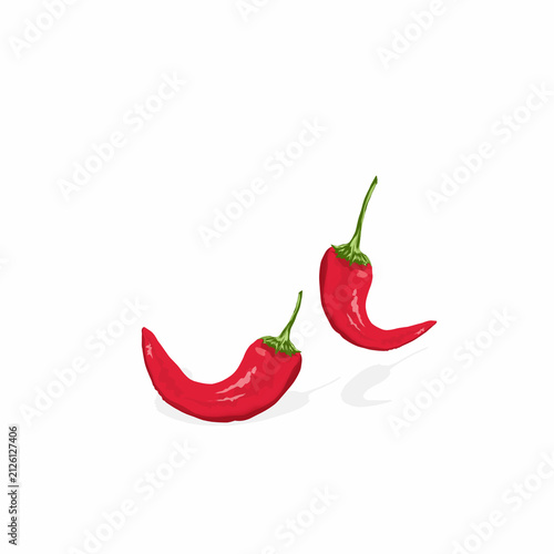 Two curved chili peppers with green stems,spicy red chili peppers often used for food-themed designs,isolated on a white background.