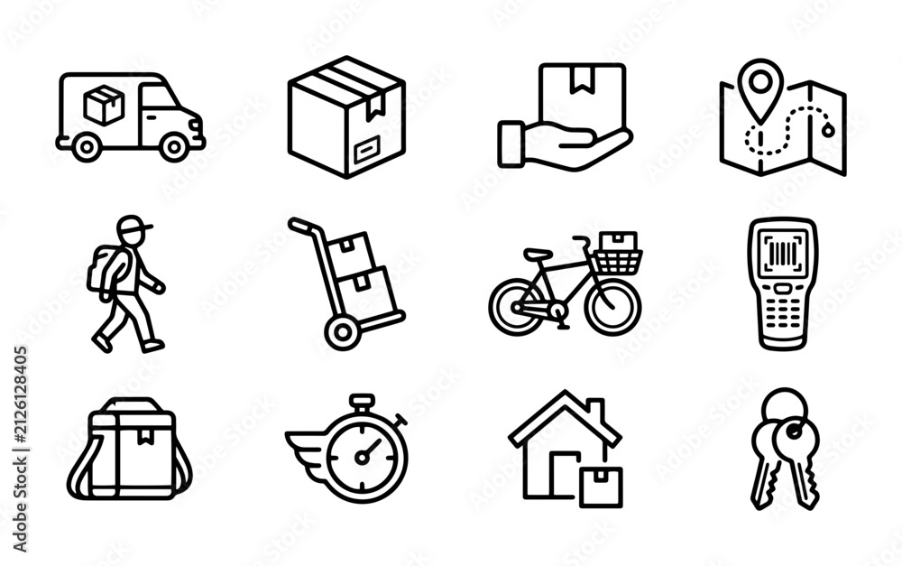 Fototapeta premium Delivery and logistics icons with van, box, hand, map, courier, trolley, bicycle, scanner, bag, stopwatch, house, and keys outline solid styles, UI and web interface.
