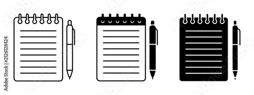 Notebook and pen icons outline solid styles, UI and web interface.