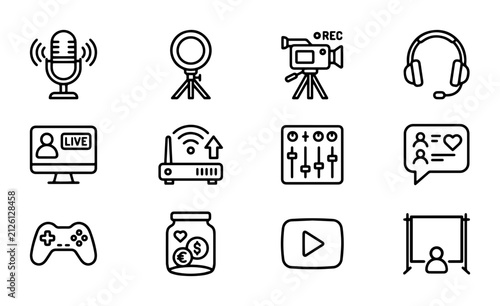 Audio and video production icons for content creation, streaming, and gaming, outline solid styles, UI and web interface.