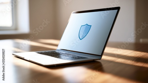 Close-up of a sleek laptop screen featuring a generic security shield in a calm home office setup