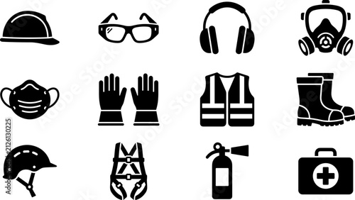 Foto Set of Industrial Safety and Personal Protective Equipment Icons.