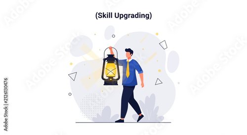 Man holding a lantern, symbolizing skill upgrading, knowledge, and finding direction in modern flat illustration style.