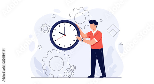 Man holding a clock with gears in the background, representing time management and efficiency in business or project planning.