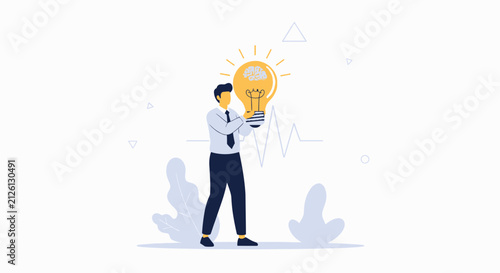Man holding a glowing lightbulb with a brain inside, symbolizing a new idea or innovation