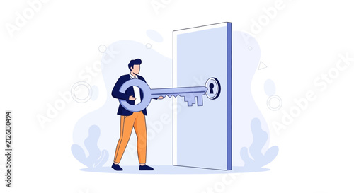 Man holding a large key about to unlock a door, representing success, opportunity, and access.