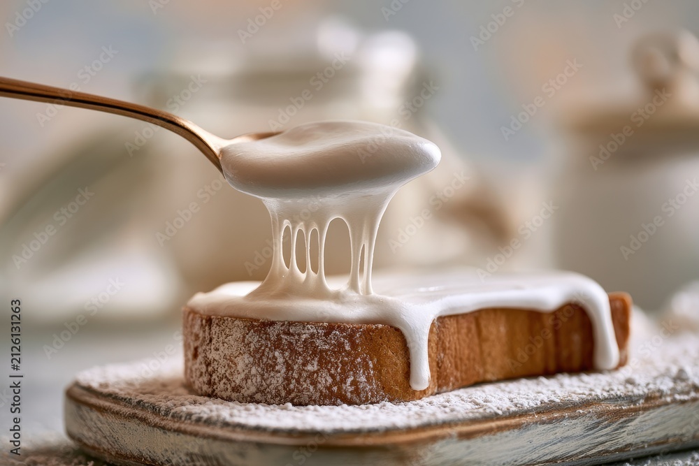 Fototapeta premium Close-up of glossy marshmallow spread dripping from a spoon onto a toasted slice