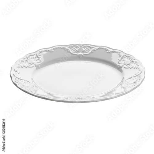 Elegant white ceramic dinner plate featuring a classic vintage inspired round shape with intricate scalloped edge detailing for fine dining setups