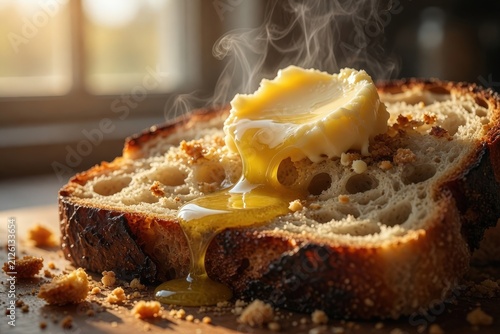 A thick slice of goldenbrown toasted bread topped with melting butter and sprinkled with crumbs