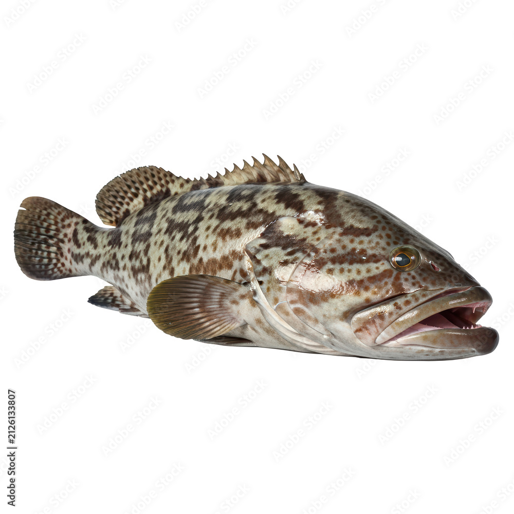 Fototapeta premium High Resolution Studio Portrait of a Magnificent Brown Spotted Grouper Fish Isolated on a Clean White Background Displaying Unique Skin Patterns